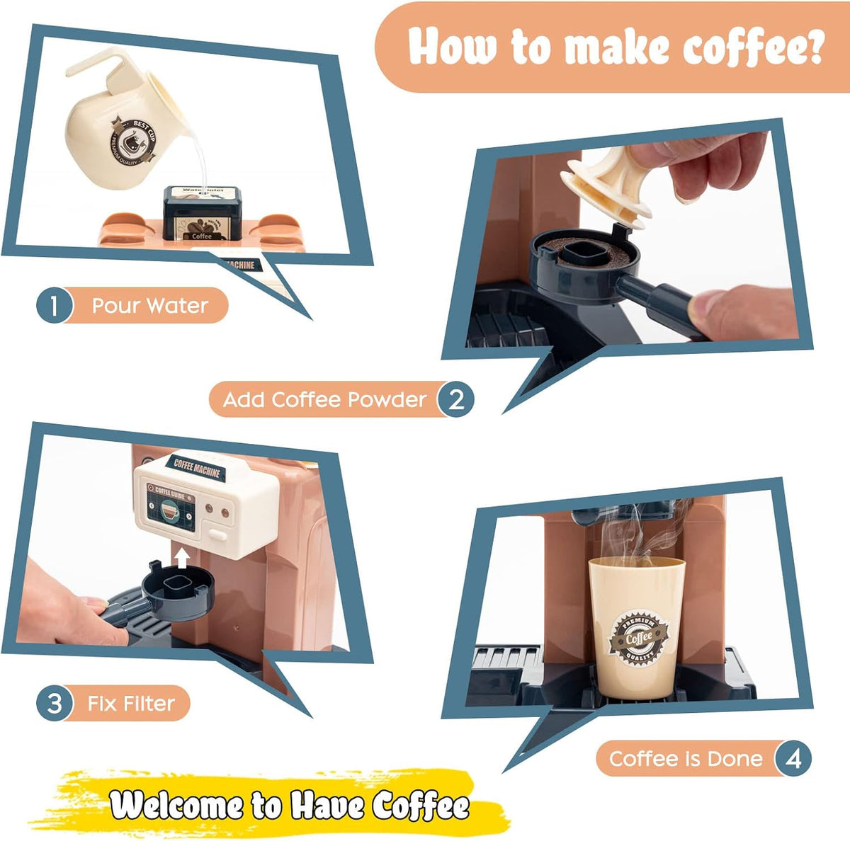 Jomifin Juego de juguetes de café, cafetera de simulación con registro de
