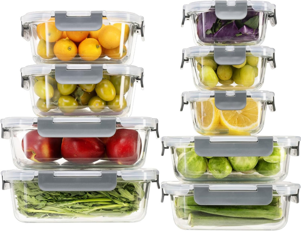 18 piezas de recipientes de vidrio para almacenamiento de alimentos con tapas, recipientes de vidrio herméticos para preparación de comidas, juego de recipientes de almacenamiento de