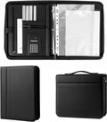 Carpeta de piel sintética con asa y calculadora solar, organizador de carpetas de 3 anillos con cremallera con bloc de notas y portapapeles, cuaderno profesional de currículum de negocios para