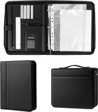 Carpeta de piel sintética con asa y calculadora solar, organizador de carpetas de 3 anillos con cremallera con bloc de notas y portapapeles, cuaderno profesional de currículum de negocios para