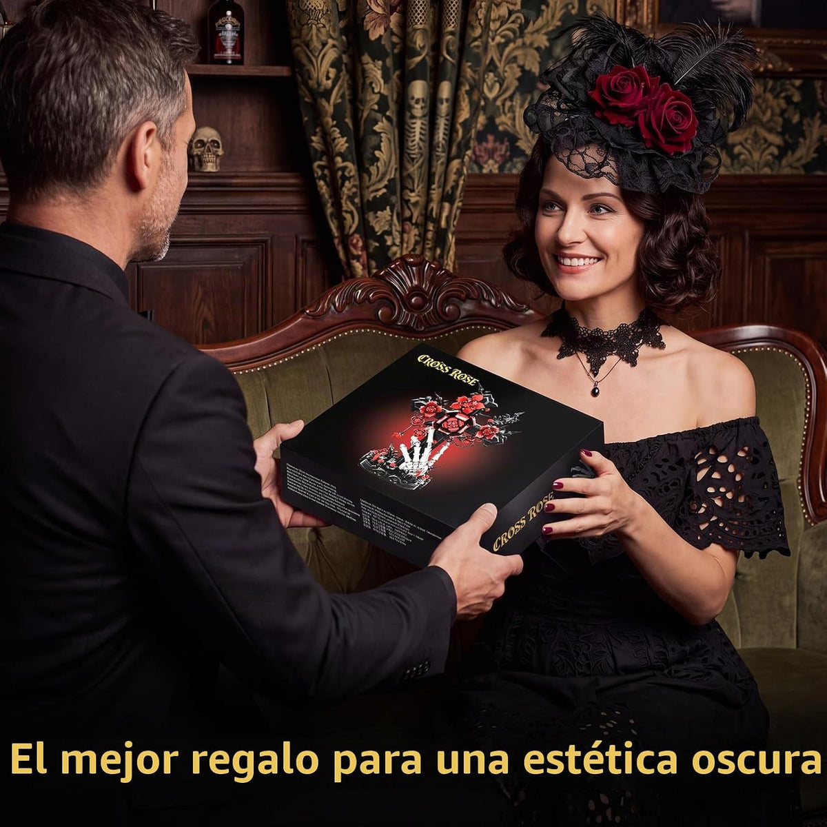 DRZYJ Juego de construcción de cruz de rosas góticas para adultos, 598 piezas de bloques de ramo de rosas rojas oscuras con mano de esqueleto, decoración de escritorio de Halloween, regalo gótico