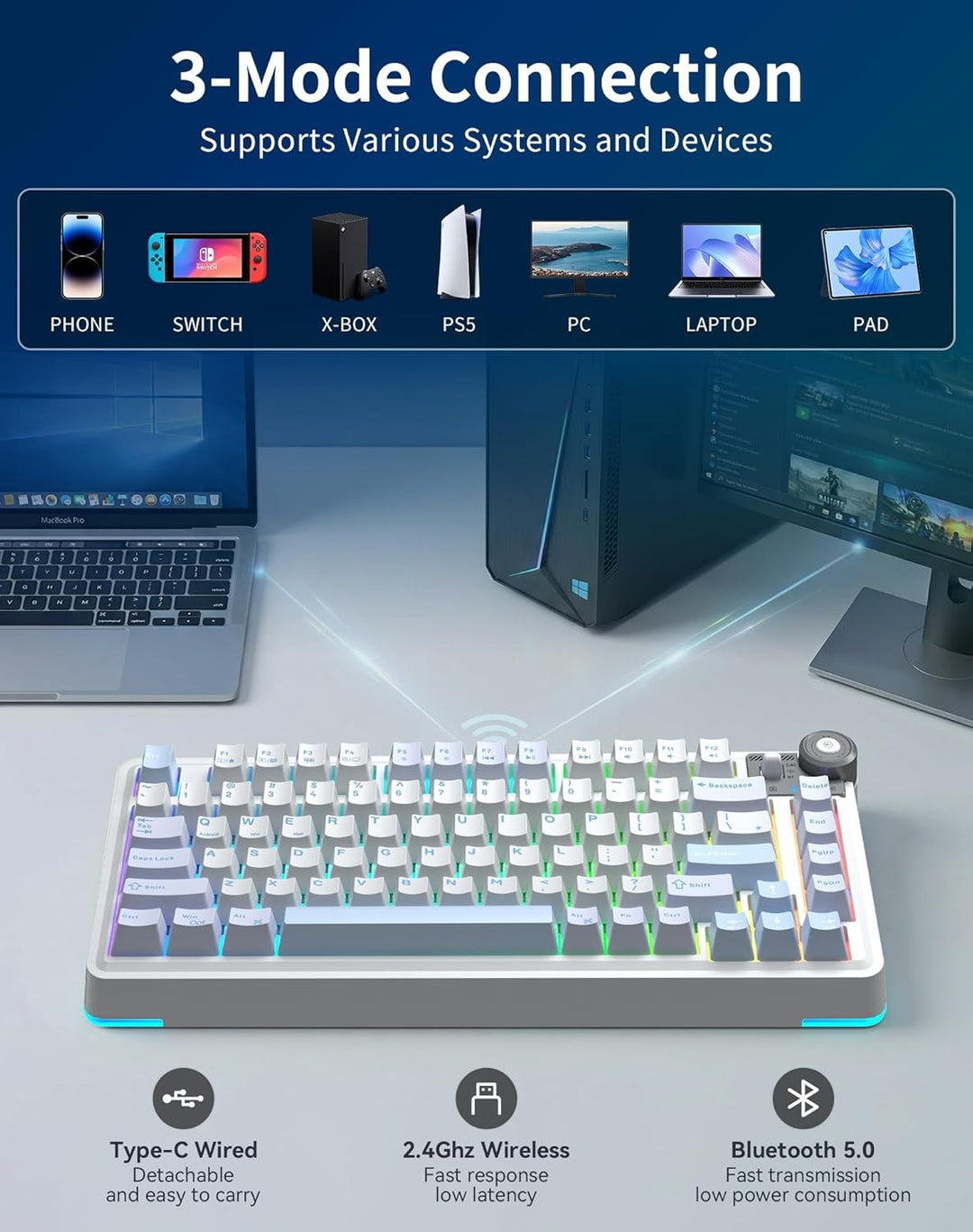 Aula AU75 75% Wireless Gaming Keyboard, Tri-Mode Hot-Swappable Mech...