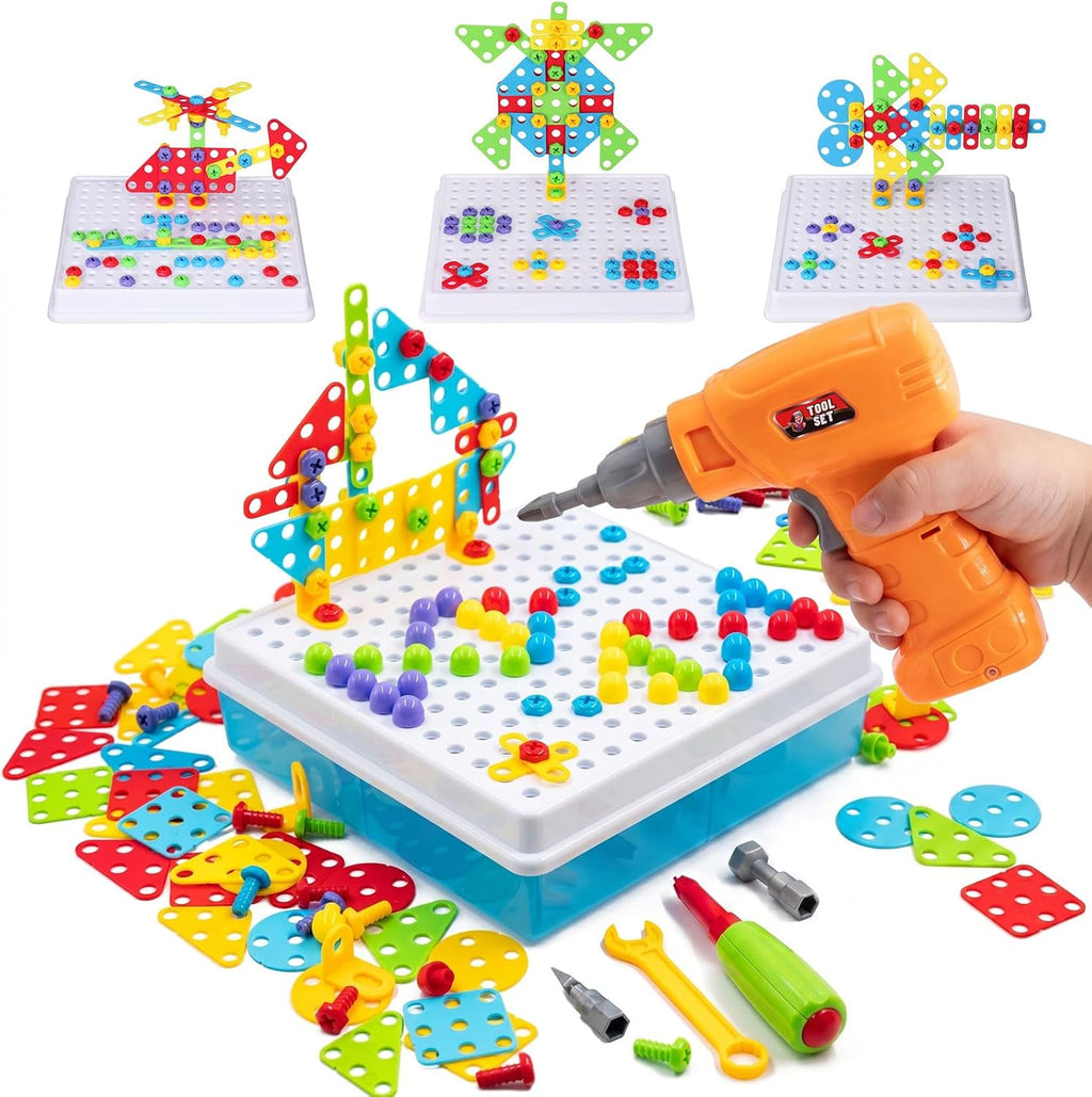 Kit de taladro y construcción STEM para niños de 3 a 8 años | Taladro de juguete eléctrico con más de 193 piezas (tornillos, tuercas, sujetadores de arco iris) | Juguetes de construcción de diseño