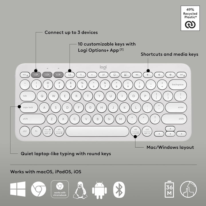Logitech Pebble Keys 2 K380s, teclado inalámbrico Bluetooth multidi...