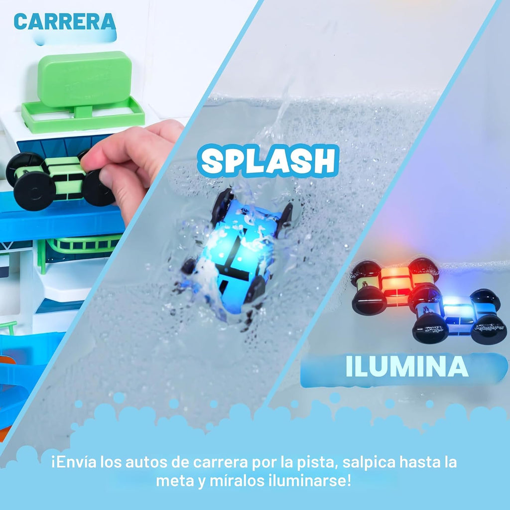 Tub Works® Splash Wheels™ Bathtime Raceway Car Ramp Toddler Bath Toy | Race Car Track con 2 Water-Activated Light-Up Racers | Light Up Bath Toys Flash & Change Colors | Engaging Bathtub Toys para Kids