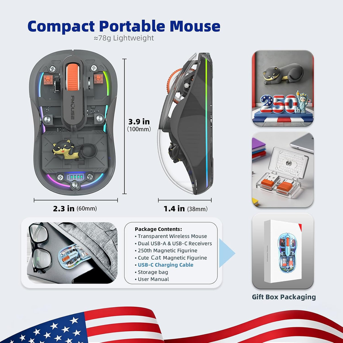 FMOUSE Ratón inalámbrico transparente, regalo del 4 de julio, 250 e...