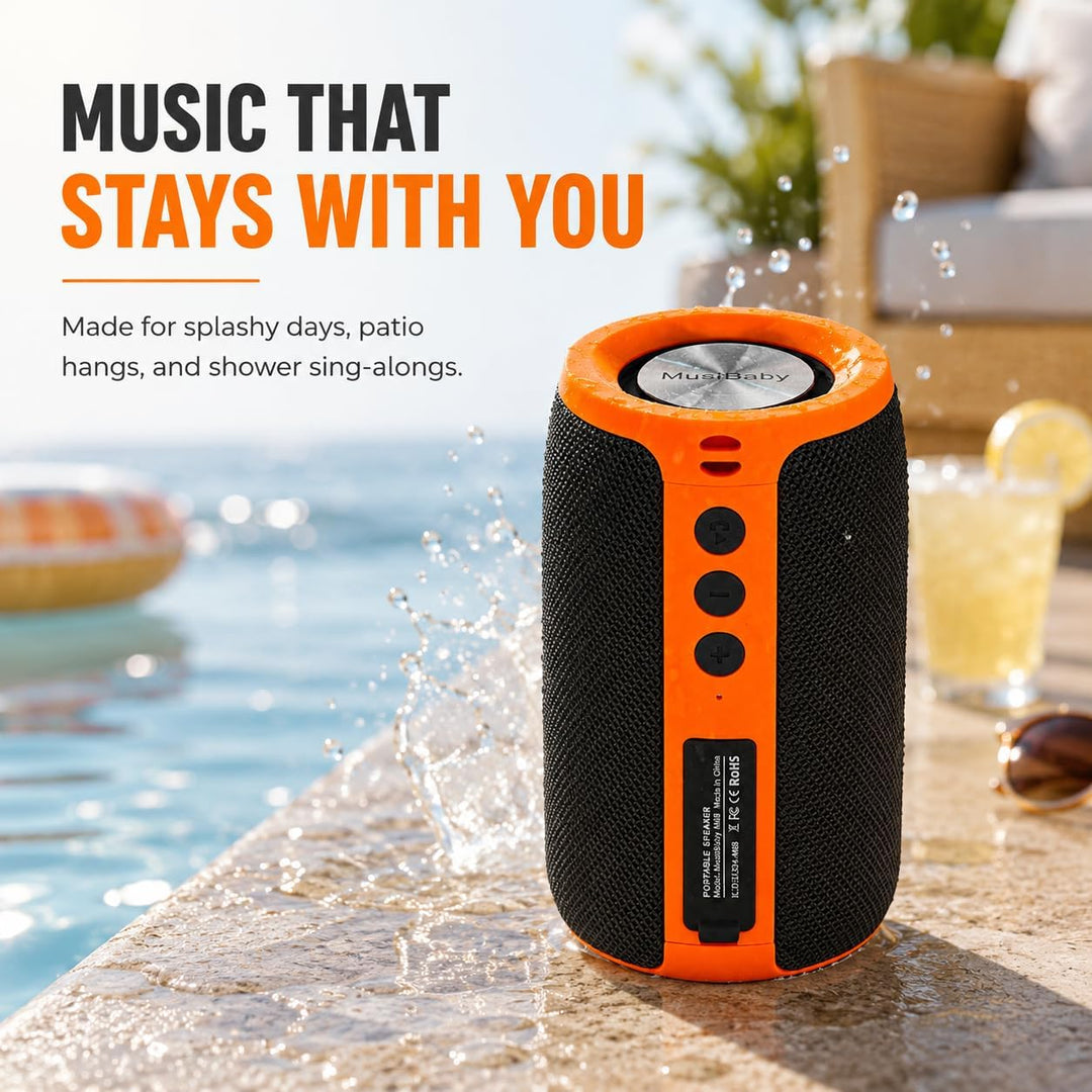 Altavoz Bluetooth Musibaby M68, 12W, IPX5, FM, USB AUX, Naranja Neg...