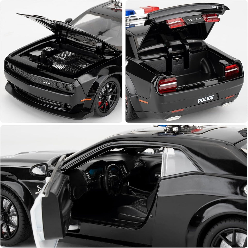 Modelo de coche de policía coleccionable 1:24 Challenger SRT Hellcat juguete, vehículo fundido a troquel con luces y sonidos, juguete de auto modelo de decoración para adultos y niños, regalos de cumpleaños