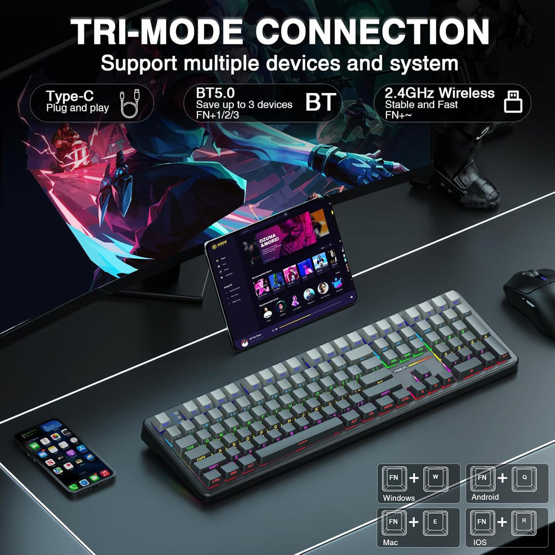 AULA Teclado mecánico inalámbrico F108, teclado para juegos de tama...