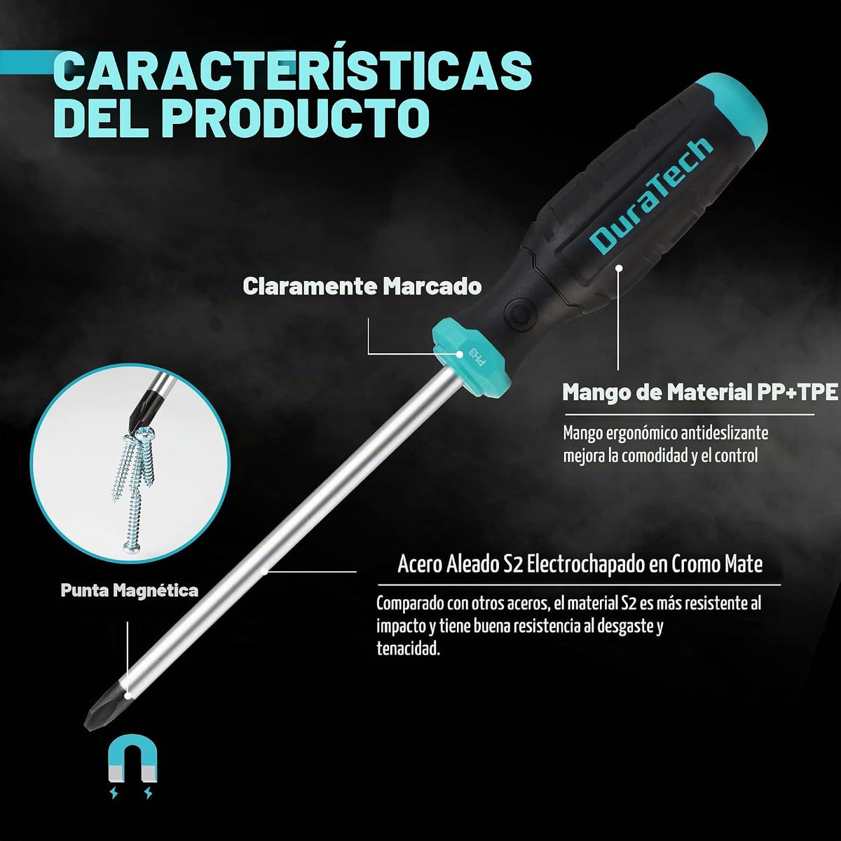 DURATECH Juego de 12 destornilladores magnéticos de acero de aleación S2