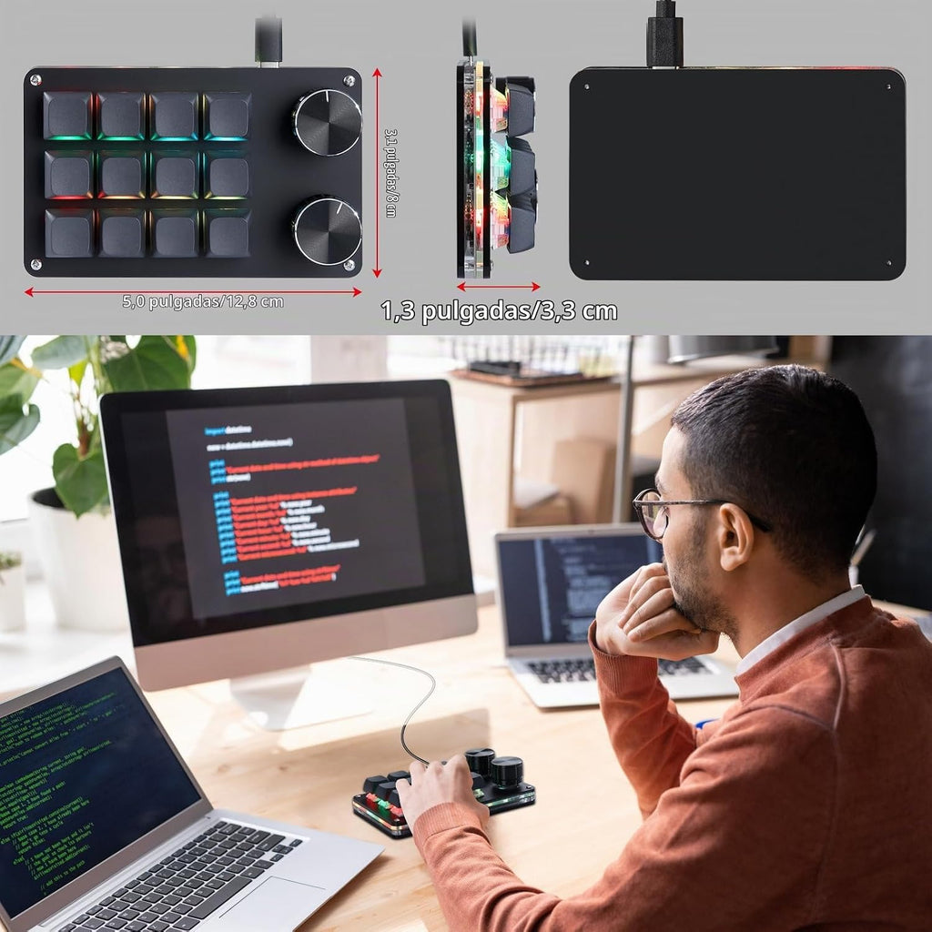 Koolertron Teclado programable macro, teclado mecánico programable con una mano, interruptor azul RGB intercambiable en caliente, 12 teclas 2 botones retroiluminado teclado para trabajar y jugar, negro