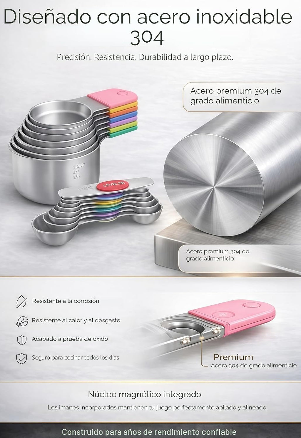 Juego de 15 tazas y cucharas medidoras magnéticas, de acero inoxidable 304, diseño fuerte N52 de anidación magnética con nivelador, para ingredientes secos y líquidos, apto para lavavajillas (colorido)