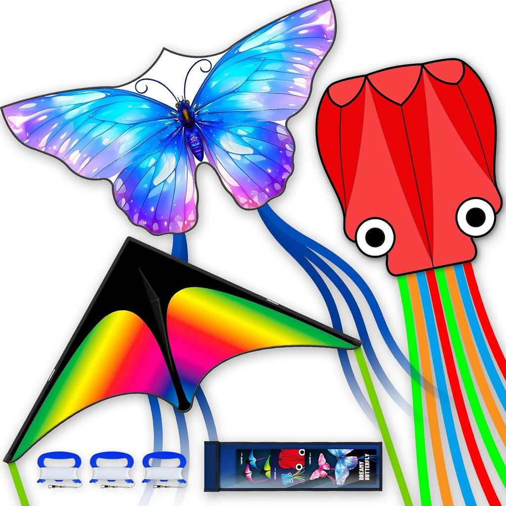 Juego de 3 Piezas de Cometas Mariposa Delta Pulpo para Niños y Adultos, Fácil de Volar para Adultos y Niños al Aire Libre, Cometa de Línea para Niños Juguete (Arcoíris Degradado de Pastizales +