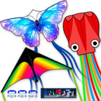 Juego de 3 Piezas de Cometas Mariposa Delta Pulpo para Niños y Adultos, Fácil de Volar para Adultos y Niños al Aire Libre, Cometa de Línea para Niños Juguete (Arcoíris Degradado de Pastizales +