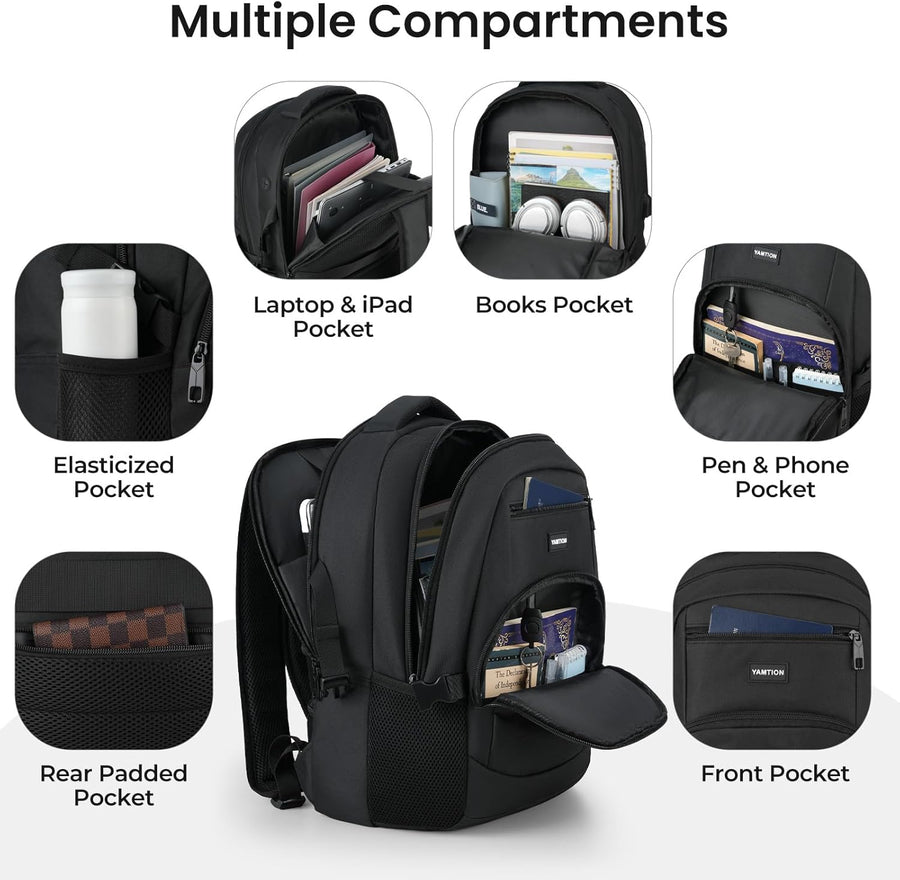 YAMTION Mochila negra para hombres y mujeres, mochila para laptop c...