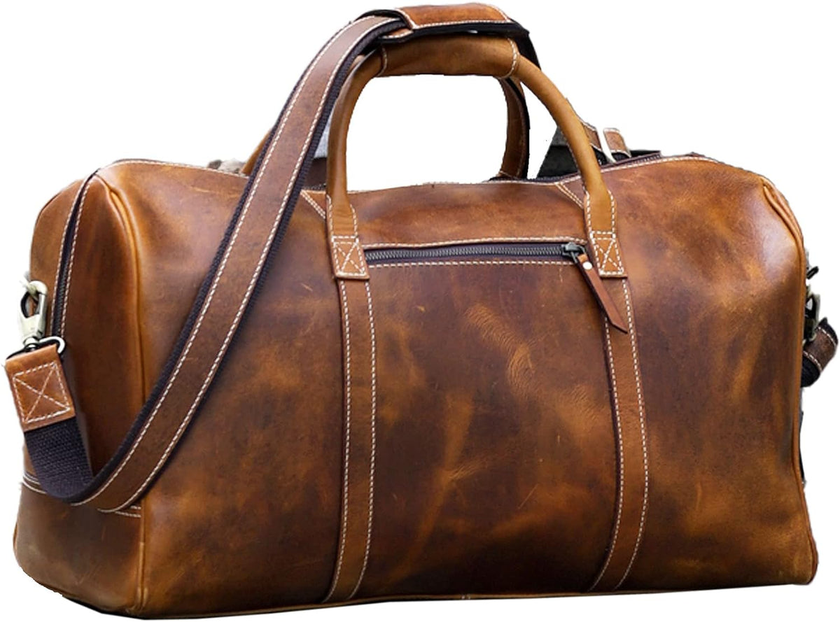 KomalC Bolsas de lona de cuero para hombres y mujeres de grano completo de viaje durante la noche para fin de semana, bolsas de cuero deportivas para gimnasio para hombres, Bronceado, 20 pulgadas