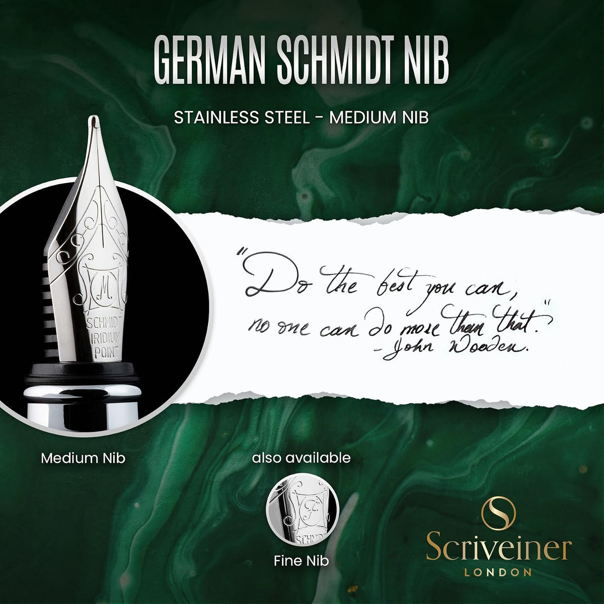 Scriveiner - Pluma fuente British Racing Verde – Impresionante pluma de lujo con acabado cromado, punta Schmidt (mediana), el mejor juego de regalo para hombres y mujeres, profesionales, ejecutivos