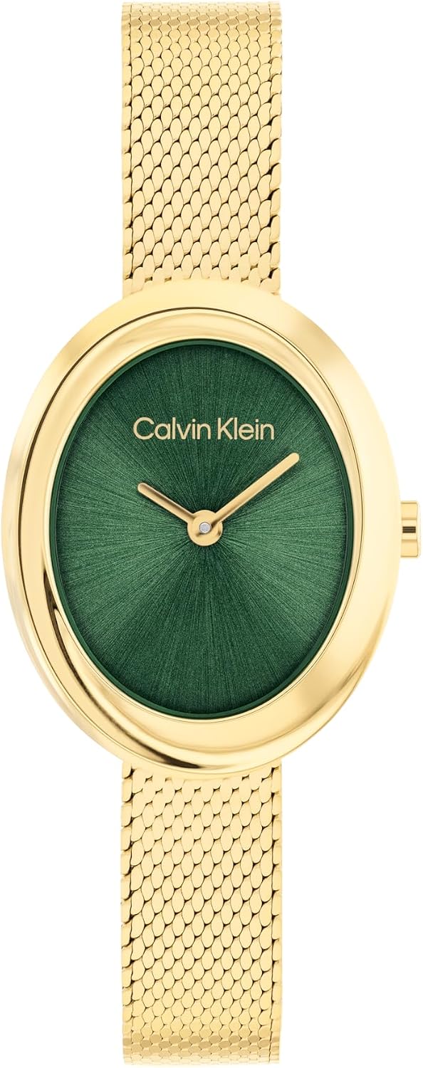Calvin Klein Reloj de acero inoxidable con bisel trenzado para mujer, caja ovalada de 0.945 in, pulsera de malla, esfera de rayos solares, diseño elegante, regalo para ella