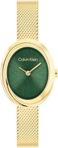 Calvin Klein Reloj de acero inoxidable con bisel trenzado para mujer, caja ovalada de 0.945 in, pulsera de malla, esfera de rayos solares, diseño elegante, regalo para ella