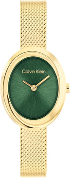 Calvin Klein Reloj de acero inoxidable con bisel trenzado para mujer, caja ovalada de 0.945 in, pulsera de malla, esfera de rayos solares, diseño elegante, regalo para ella