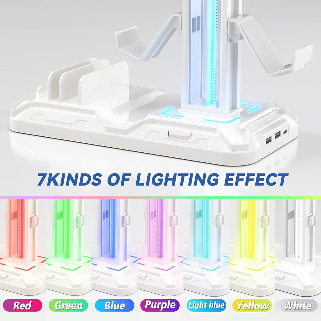 Soporte para Auriculares KDD con Estación de Carga - Soporte Desmontable para Controlador con 9 Modos de Iluminación - Percha Giratoria para Auriculares con Puertos Cargador USB A y C - Gancho para Audífonos para Almacenamiento de Accesorios de Juego para