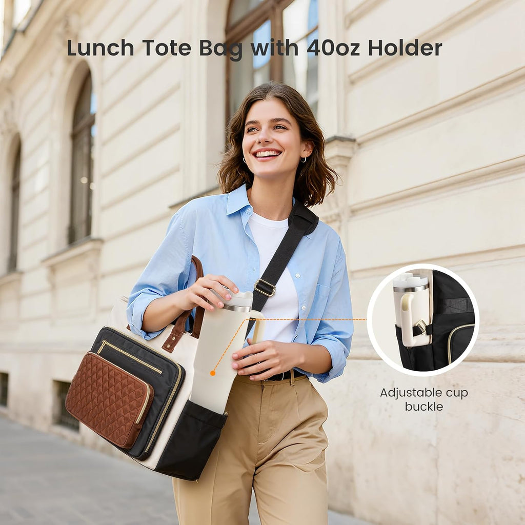 LOVEVOOK Bolsa de almuerzo para mujer, bolsa de trabajo 3 en 1 con compartimento de almuerzo aislado y portavasos grande de 40 onzas y múltiples bolsillos, bolsa para laptop de 15.6 pulgadas para