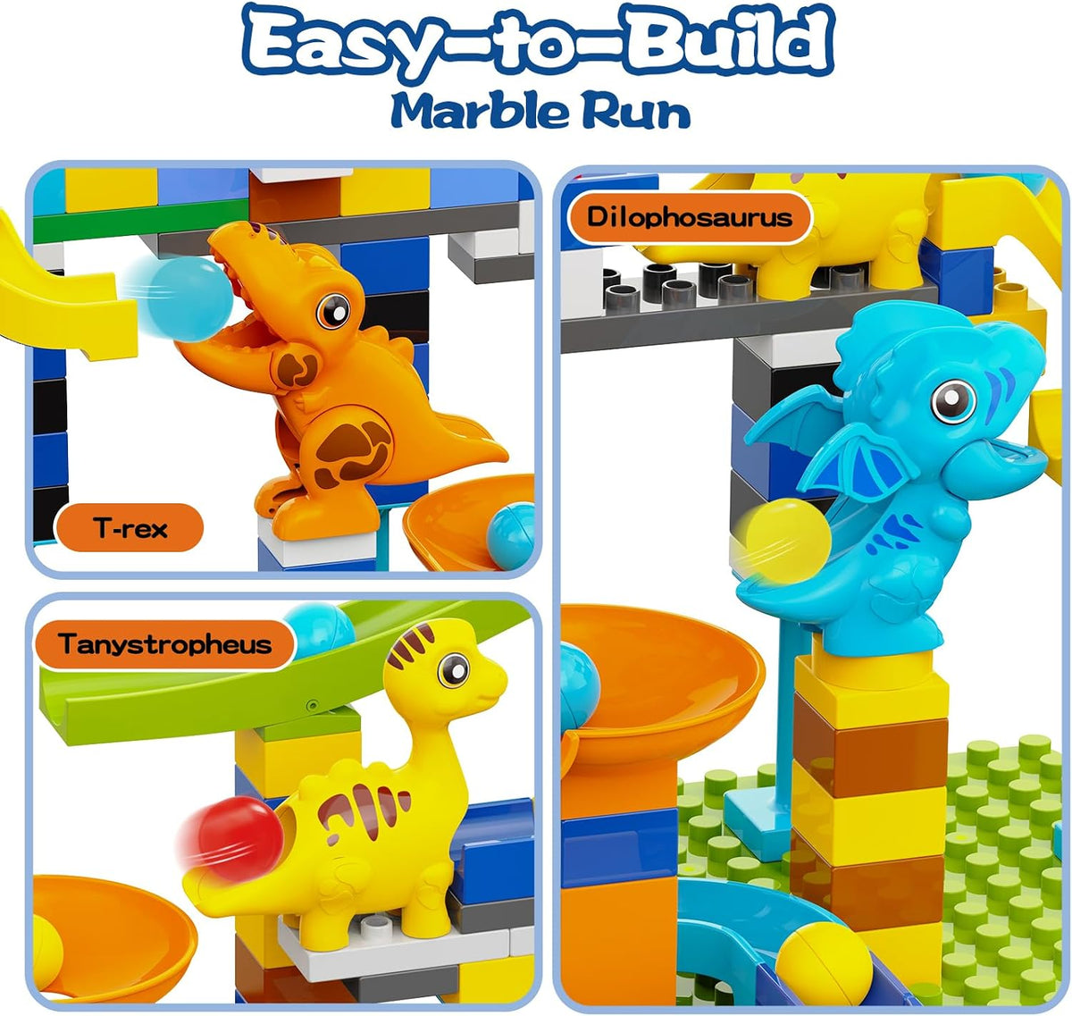 Bloques de Construcción Carrera de Mármol, Pista de Mármol con Dinosaurios, Ladrillos Grandes Clásicos para Niños de 3, 4, 5, 6, 7 + Años, Compatibles con Todas las Marcas Principales