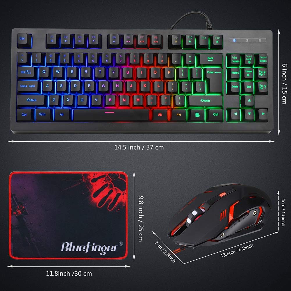 BlueFinger Combo de teclado RGB para juegos de 87 teclas y mouse re...