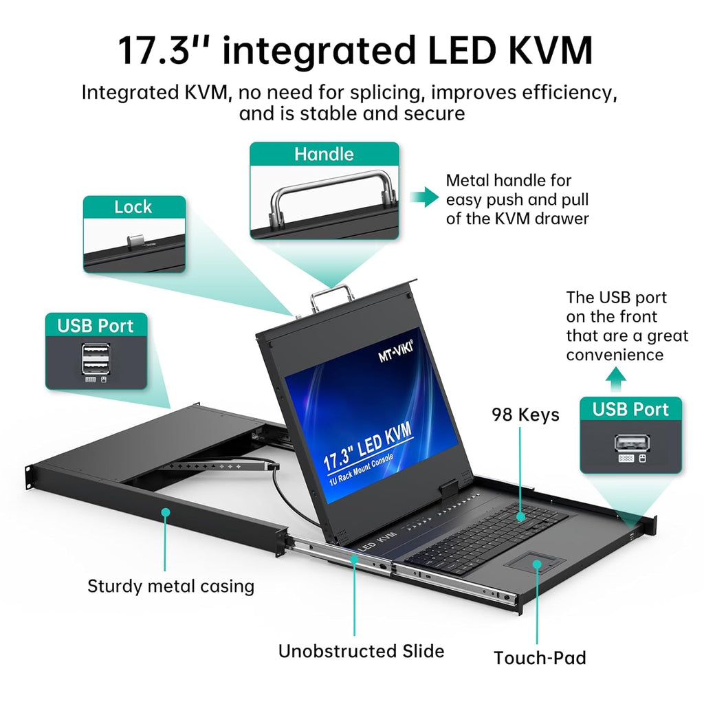 MT-VIKI® KVM - Soporte HDMI para rack con monitor LCD de 17.3 pulgadas, soporte OSD/Hotkey, incluye 8 cables KVM + teclado + panel táctil, compatible con rack de 1U de 19 pulgadas