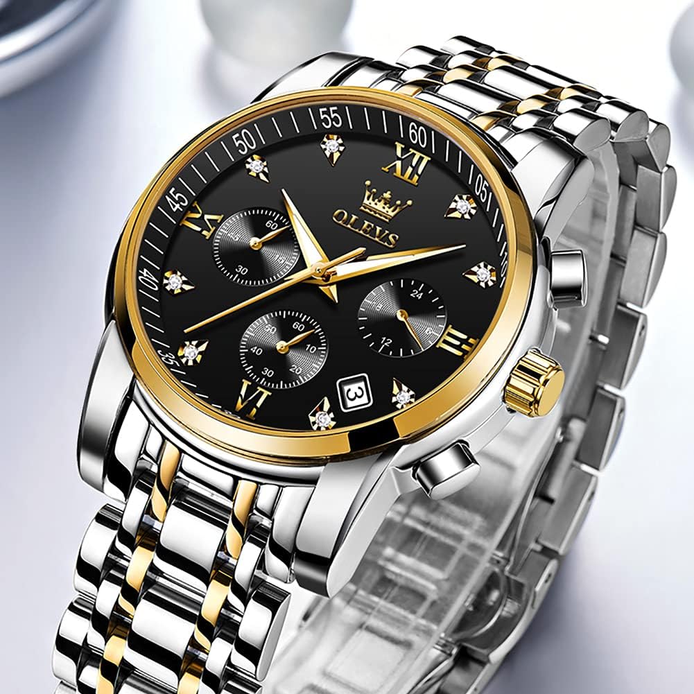 OLEVS Relojes de Oro para Hombres Reloj de Pulsera de Lujo a Prueba de Agua Gran Cara Elegante Acero Inoxidable Analógico Cuarzo Fecha Cronógrafo Luminoso Lectura Fácil Relojes de Negocios Regalos para Hombres Graduación