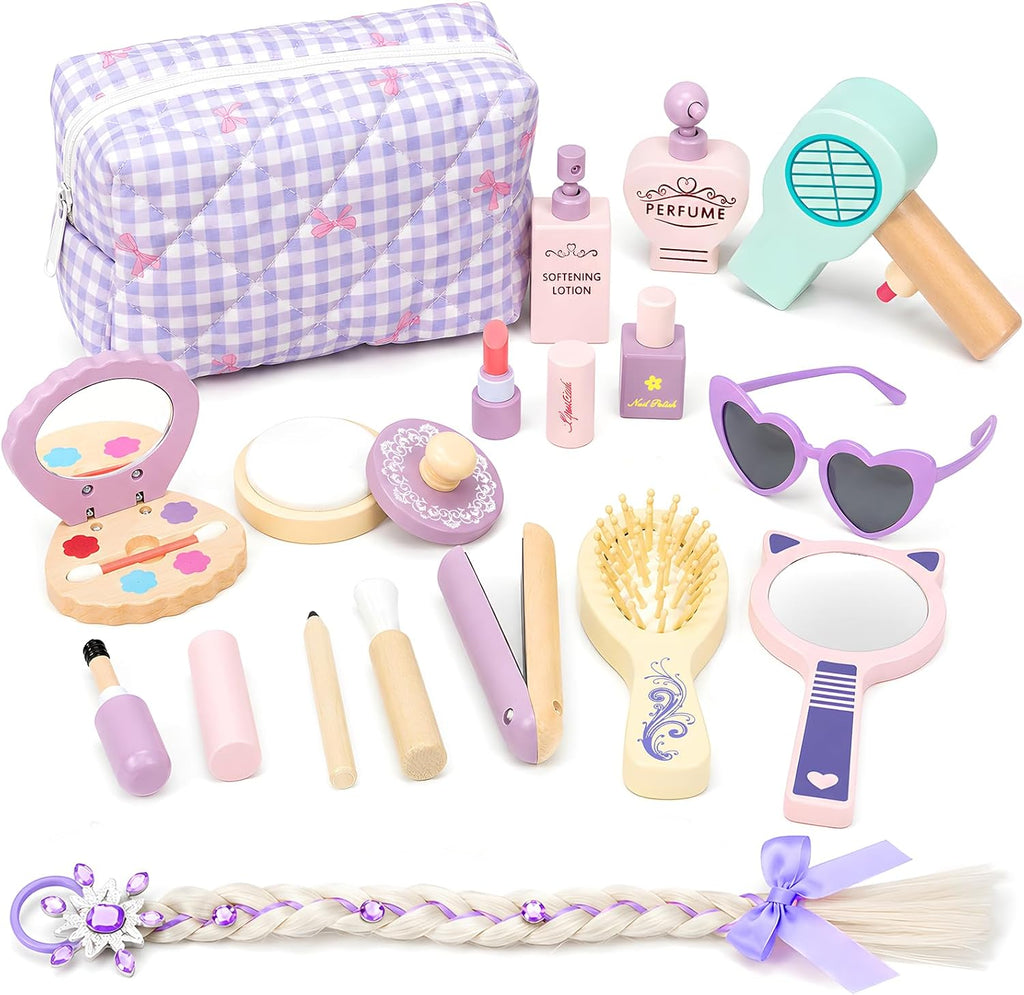 Set de Maquillaje de Madera para Jugar de 3 a 5 Años con Trenza de Princesa y Cierre