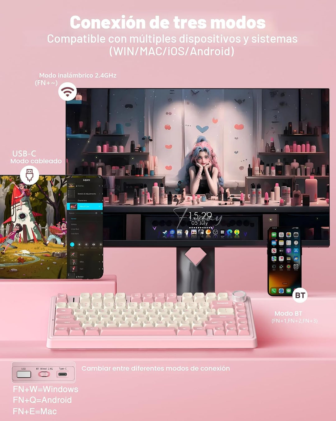 AULA Teclado Mecánico Inalámbrico F75 75%, Teclado Rosa Cremoso Int...