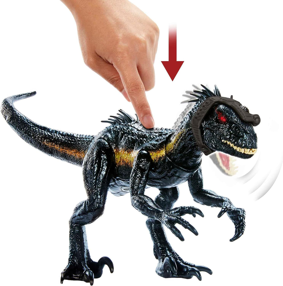 Mattel Jurassic World Figura de dinosaurio Indoraptor Track N Attack con equipo de seguimiento y 3 características de ataque, regalo de juguete con juego físico y digital