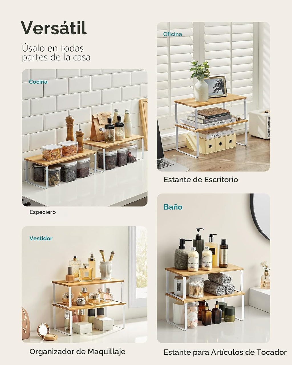 SONGMICS Estante Organizador de Gabinete, Juego de 2 Estantes de Encimera de Cocina, Almacenamiento de Cocina, Estante de Especias, Apilable, Expandible, Metal y Madera Diseñada, Blanco Nube y Beige