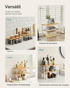 SONGMICS Estante Organizador de Gabinete, Juego de 2 Estantes de Encimera de Cocina, Almacenamiento de Cocina, Estante de Especias, Apilable, Expandible, Metal y Madera Diseñada, Blanco Nube y Beige