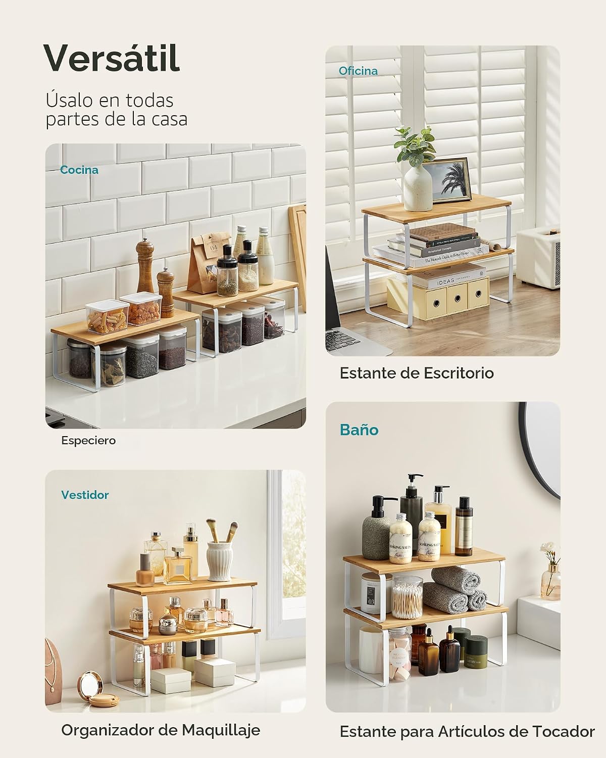 SONGMICS Estante Organizador de Gabinete, Juego de 2 Estantes de Encimera de Cocina, Almacenamiento de Cocina, Estante de Especias, Apilable, Expandible, Metal y Madera Diseñada, Blanco Nube y Beige
