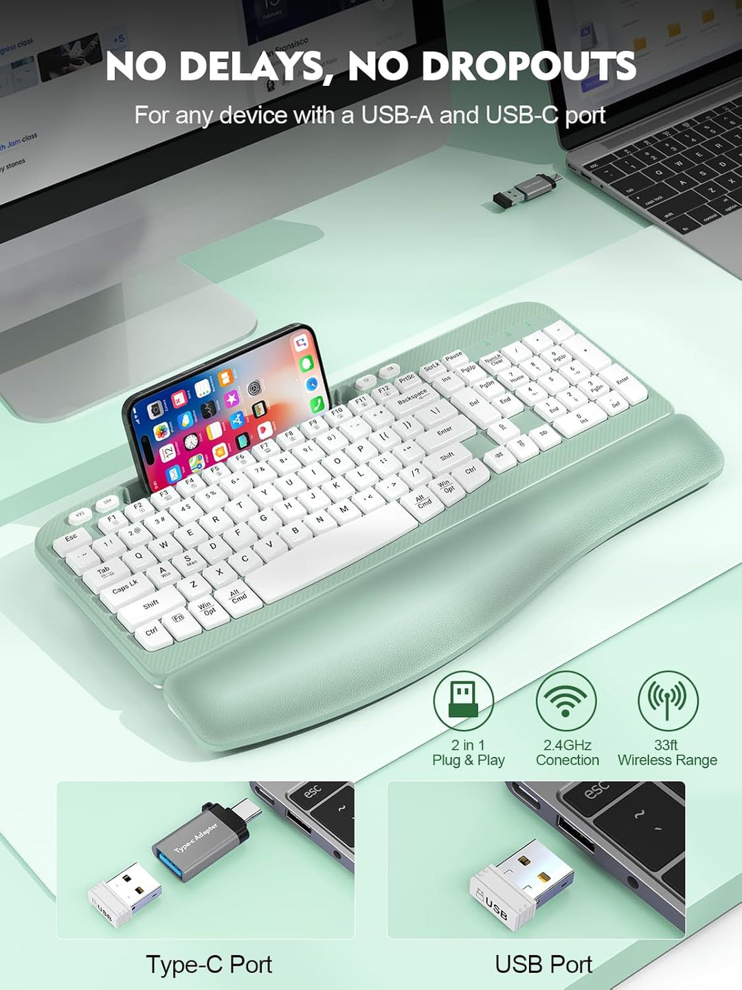Teclado inalámbrico ergonómico con reposamuñecas acolchado, teclas...