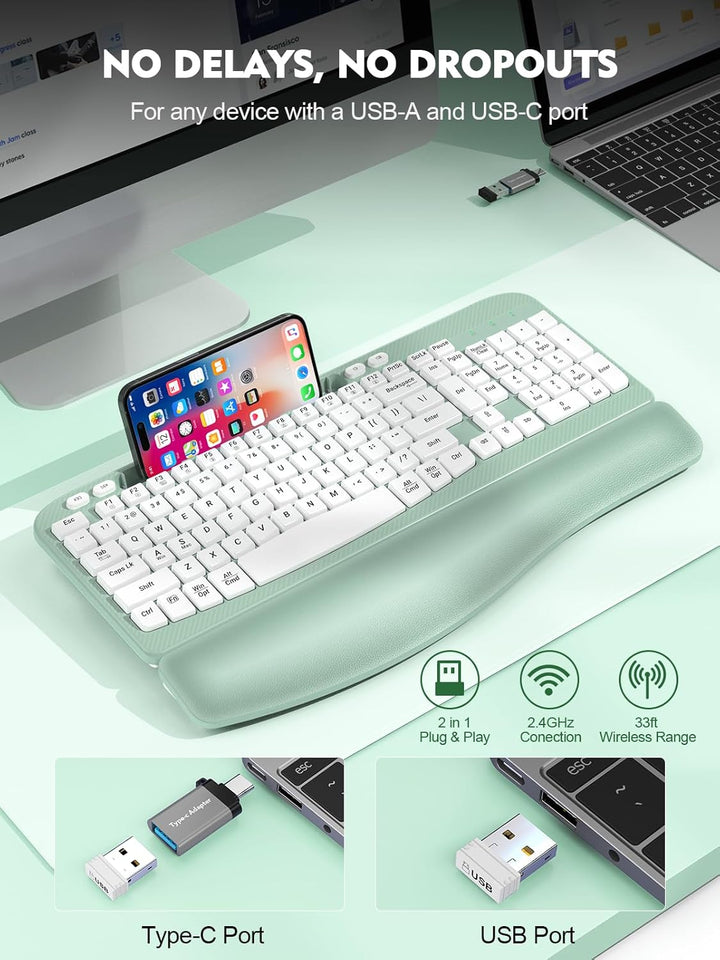 Teclado inalámbrico ergonómico con reposamuñecas acolchado, teclas...
