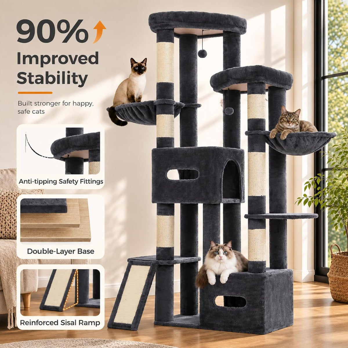 Árbol de gato de 75 pulgadas de alto para gatos de interior, grande