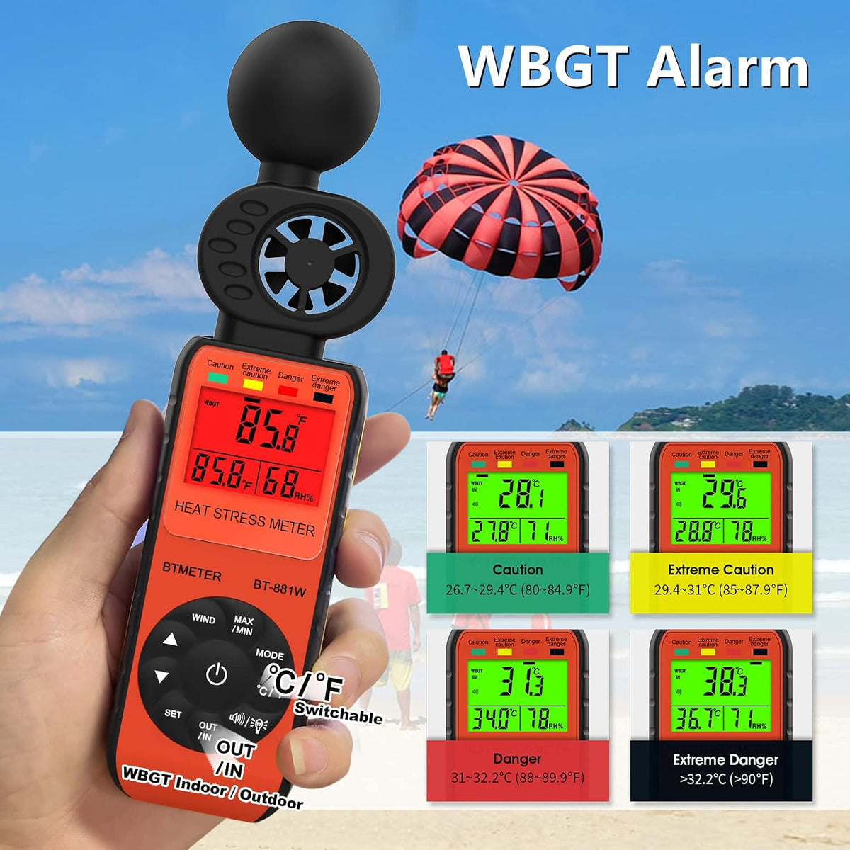 BTMETER BT-881W - Anemómetro medidor de estrés térmico, medidor digital para interiores y exteriores WBGT (temperatura de globo de bulbo húmedo) con velocidad del viento, temperatura ambiente, probador de humedad