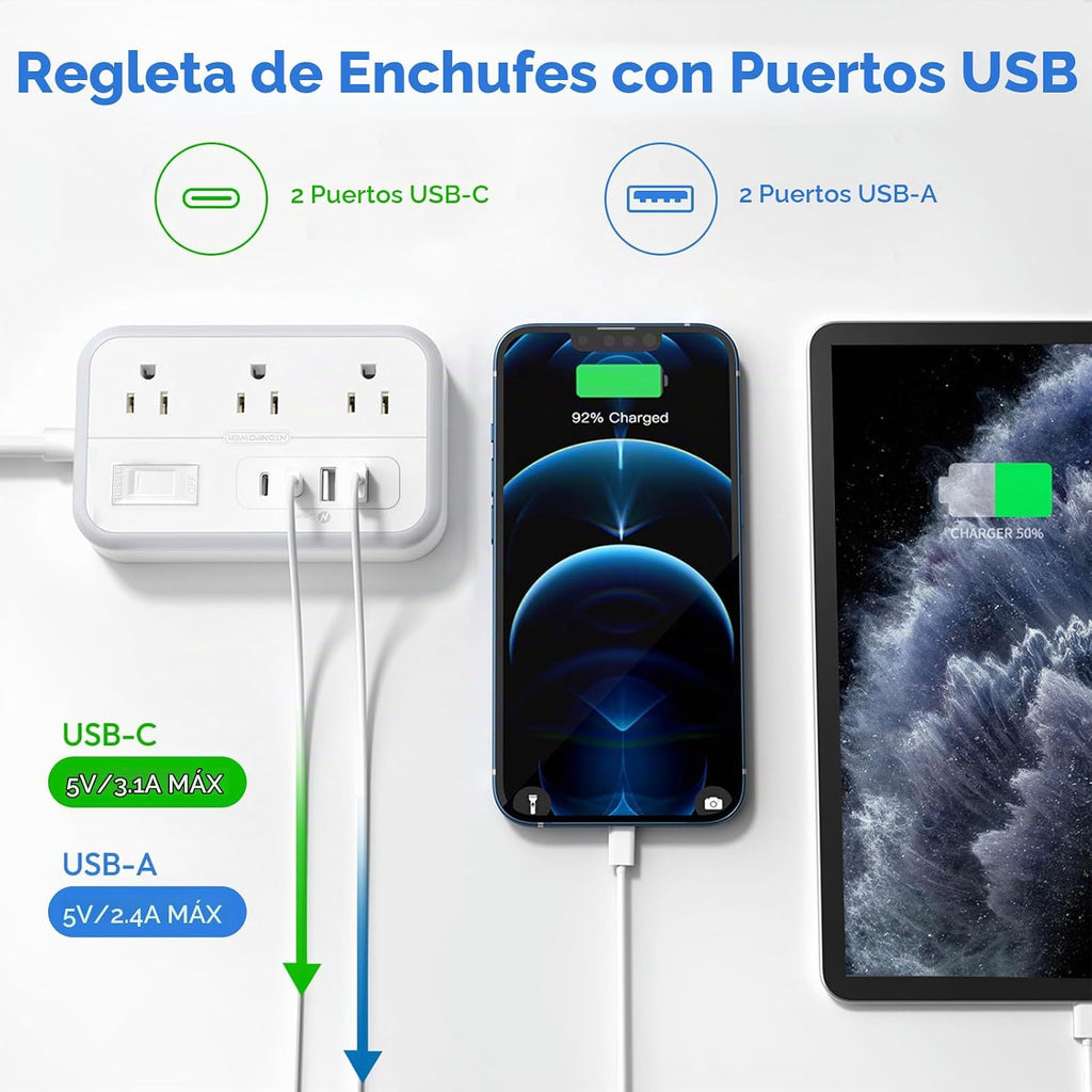 Extension Cord 15 ft, Surge Protector Power Strip con 6 Outlets 4 USB Charger(2 USB C puerto), Flat Plug Outlet Extender Long Cord, Protection para Indoor, Home, Office Supplies, Dorm Room Essentials