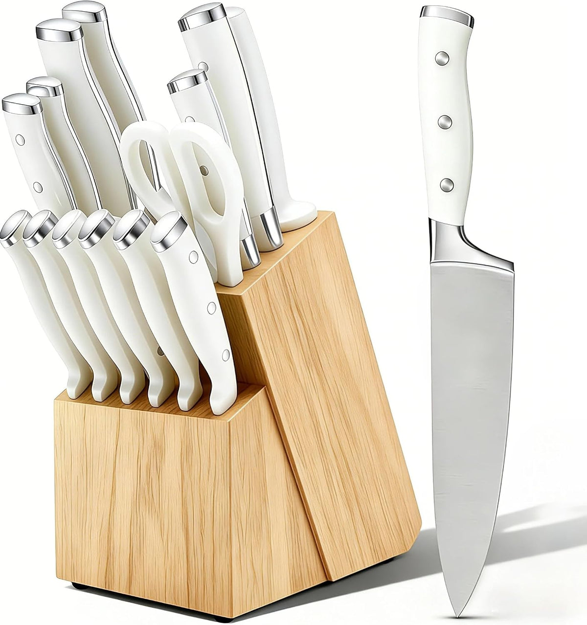 Juego de cuchillos de cocina de acero inoxidable de alto carbono de alta calidad, afilado, mango ergonómico forjado triple remache, juego de cuchillos profesional para cocina, apto para lavavajillas (blanco)