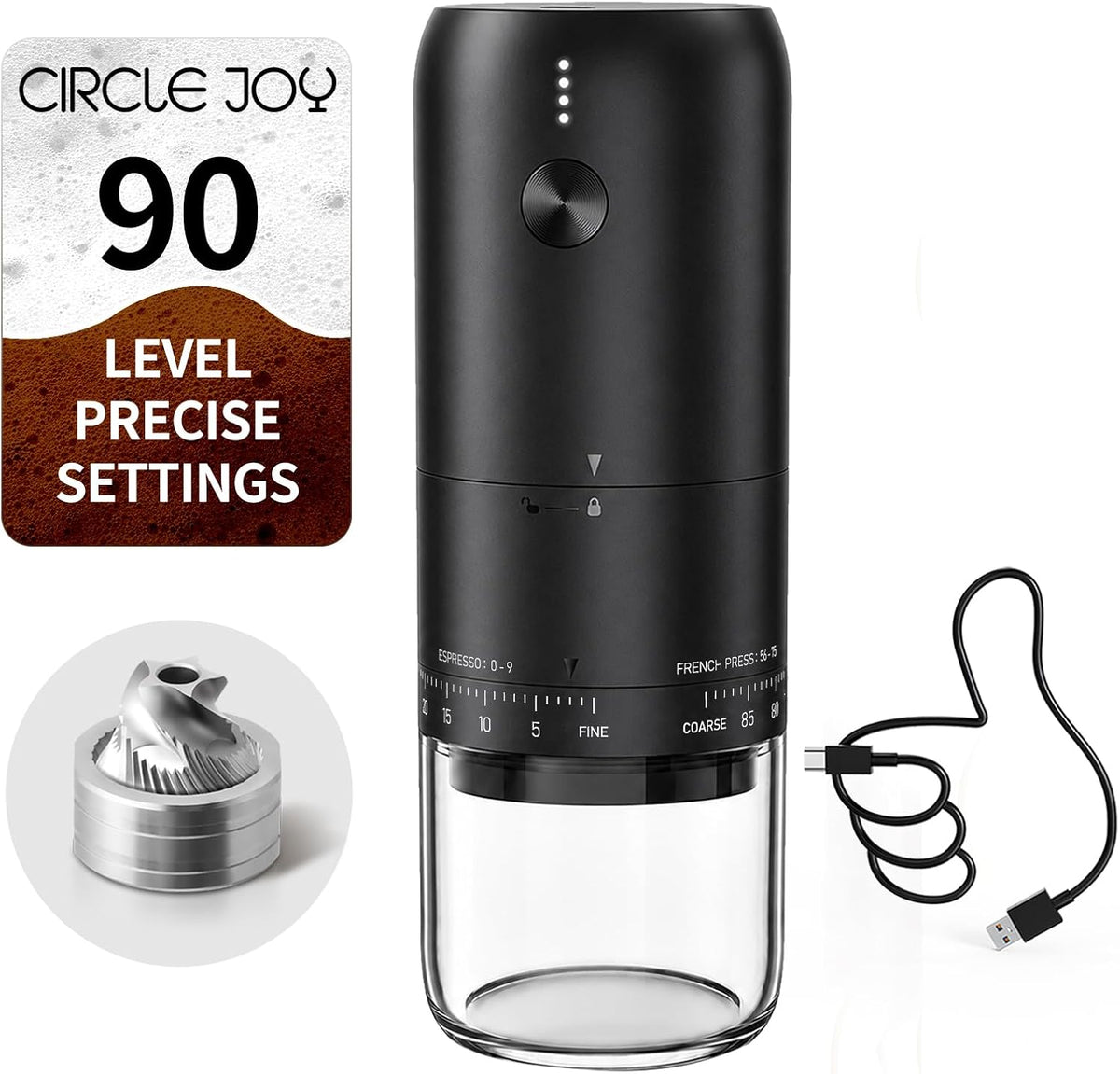 CIRCLE JOY Molinillo de café eléctrico recargable, portátil, inalámbrico, con rebabas cónicas de acero inoxidable, ajuste externo de 90 niveles y luz indicadora de batería, color negro
