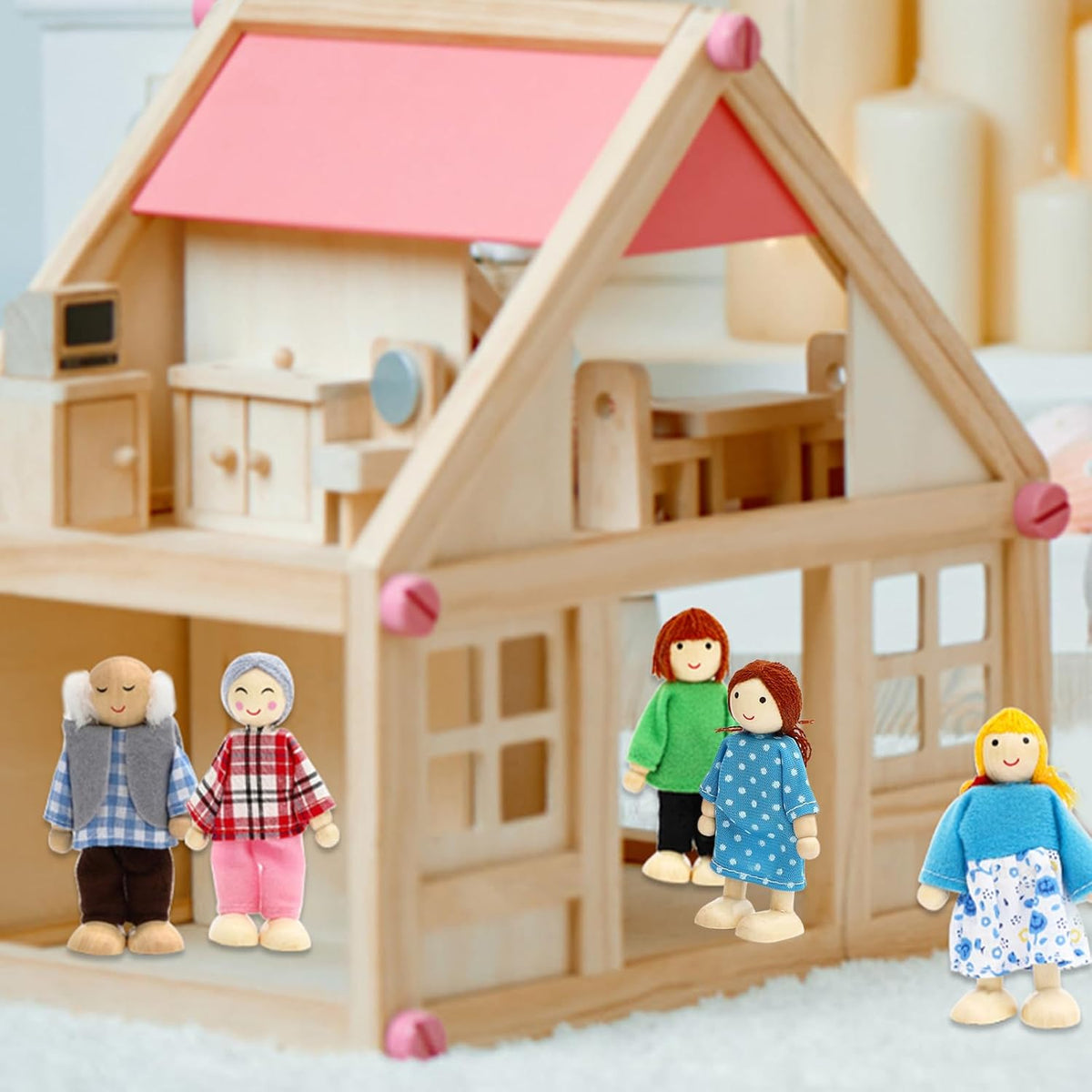 ONEST Juego de 16 piezas de casa de muñecas de madera, mini figuras