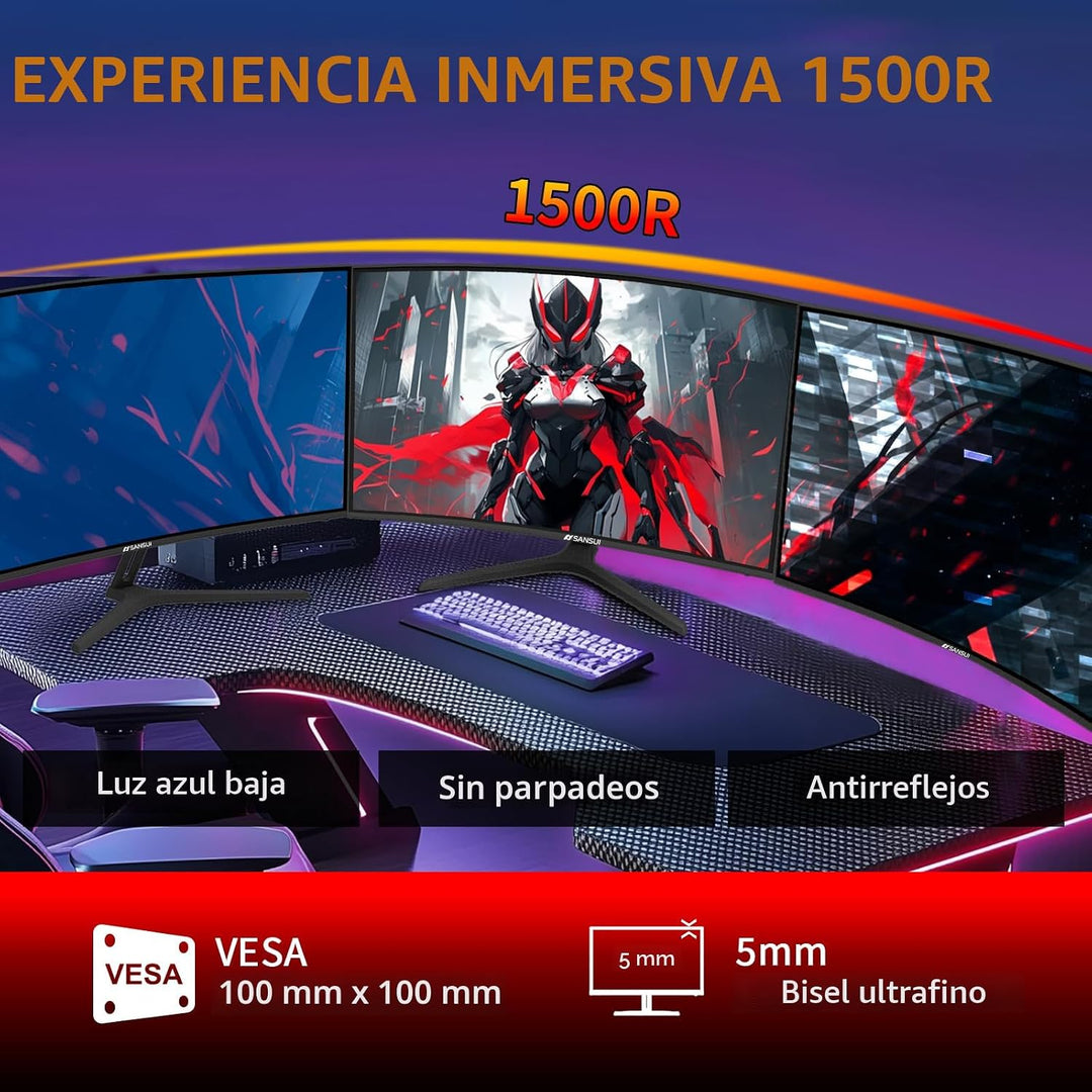 SANSUI Monitor curvado para juegos WQHD de 27 pulgadas 2560x1440, 1...