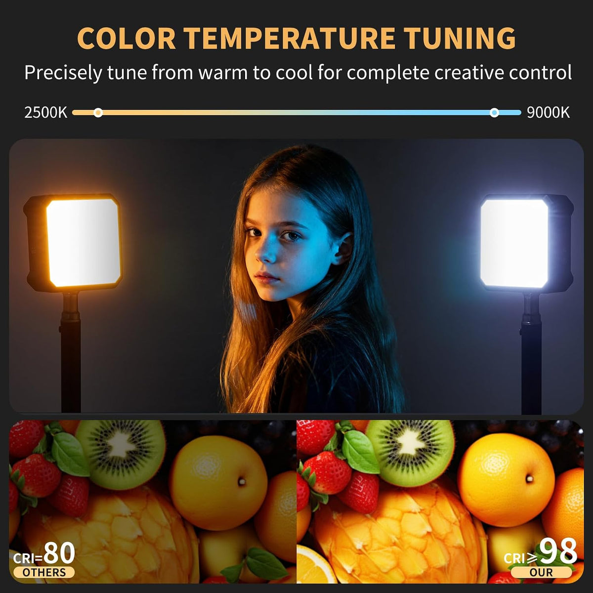 Ailight Luz de vídeo LED magnética, CRI 98+ 2500-9000K - Negro