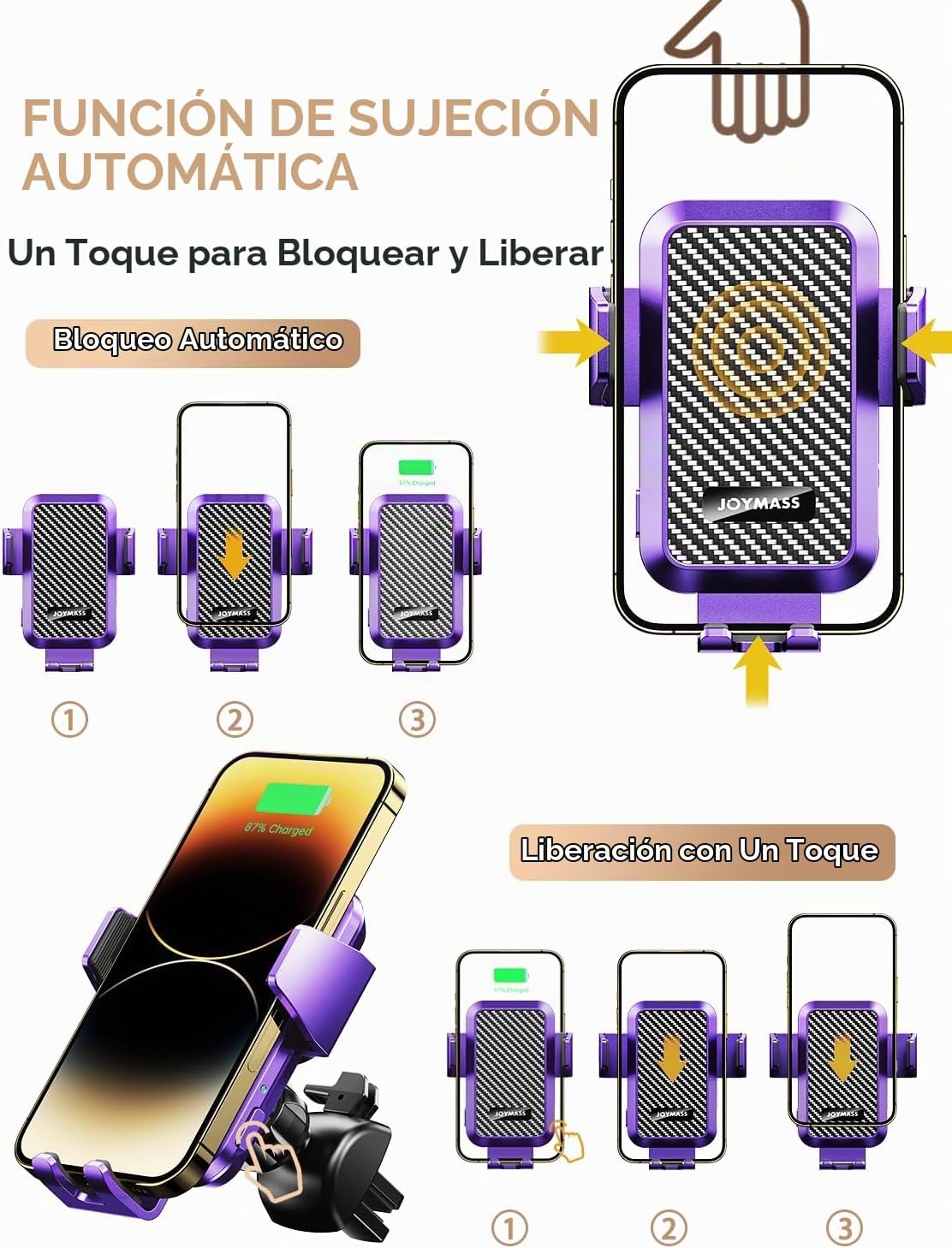 JOYMASS Cargador inalámbrico de coche, soportes de teléfono para tu automóvil, soporte de teléfono de sujeción automática de 15 W, accesorios de automóvil para iPhone 16 15 14 13 12 Mini Pro Max