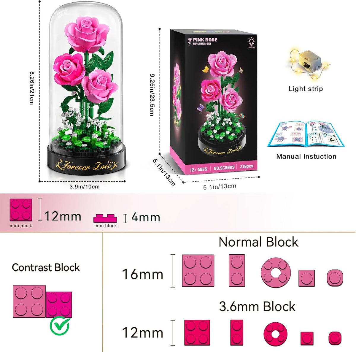 HiWEEGO Conjunto de construcción de ramo de flores de rosa rosa de 0.1 in