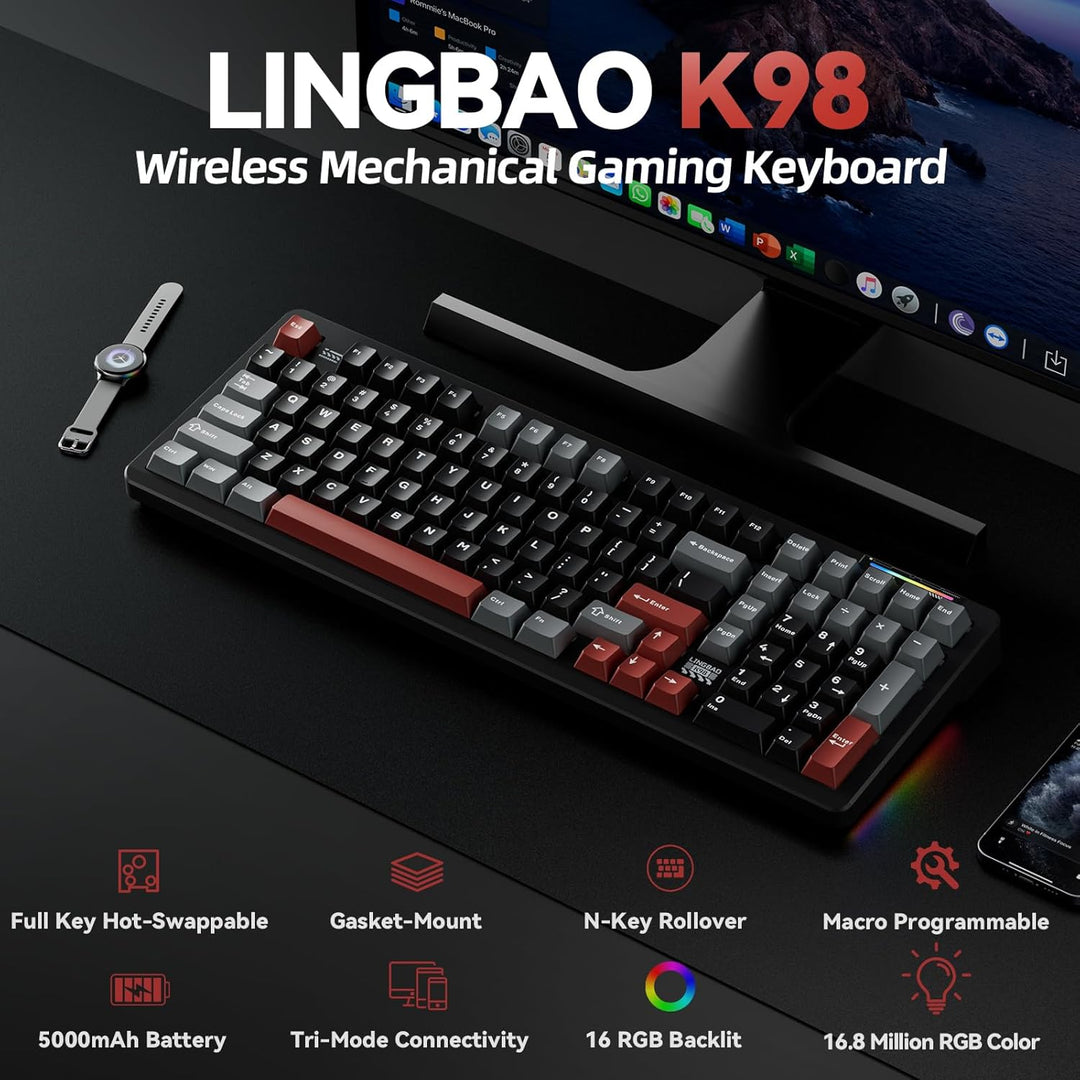 Teclado mecánico inalámbrico LINGBAO K98 para juegos, modo tri BT5....