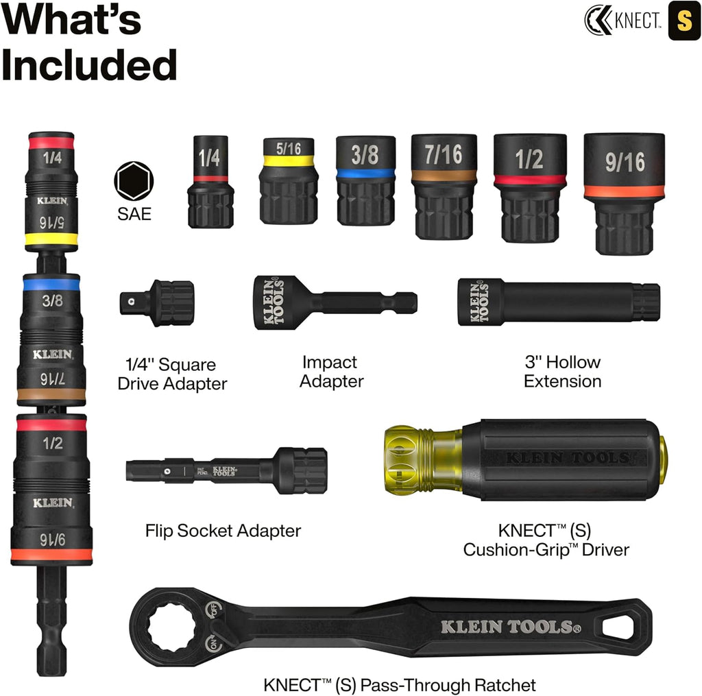 Klein Tools 65301KNECT Juego de llaves de impacto, KNECT (S) Juego de herramientas SAE de paso y zócalo abatible, adaptador de destornillador de impacto, organización de herramientas MODbox